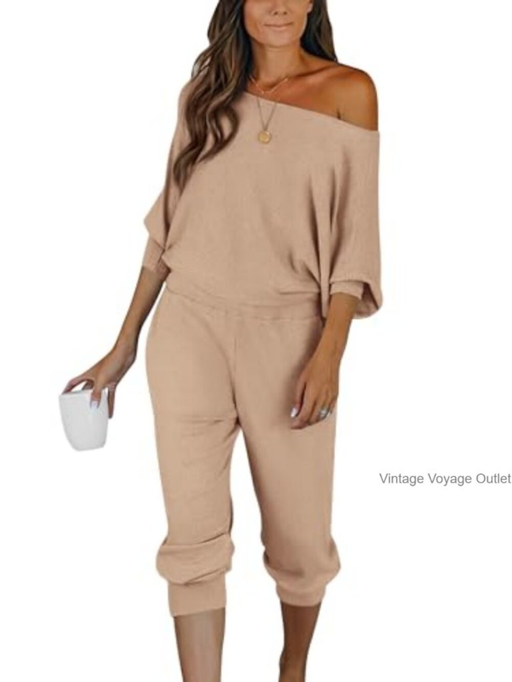 Ribbed Knit Off Shoulder Lounge Set Long Sleeve Tracksuit 2 Piece